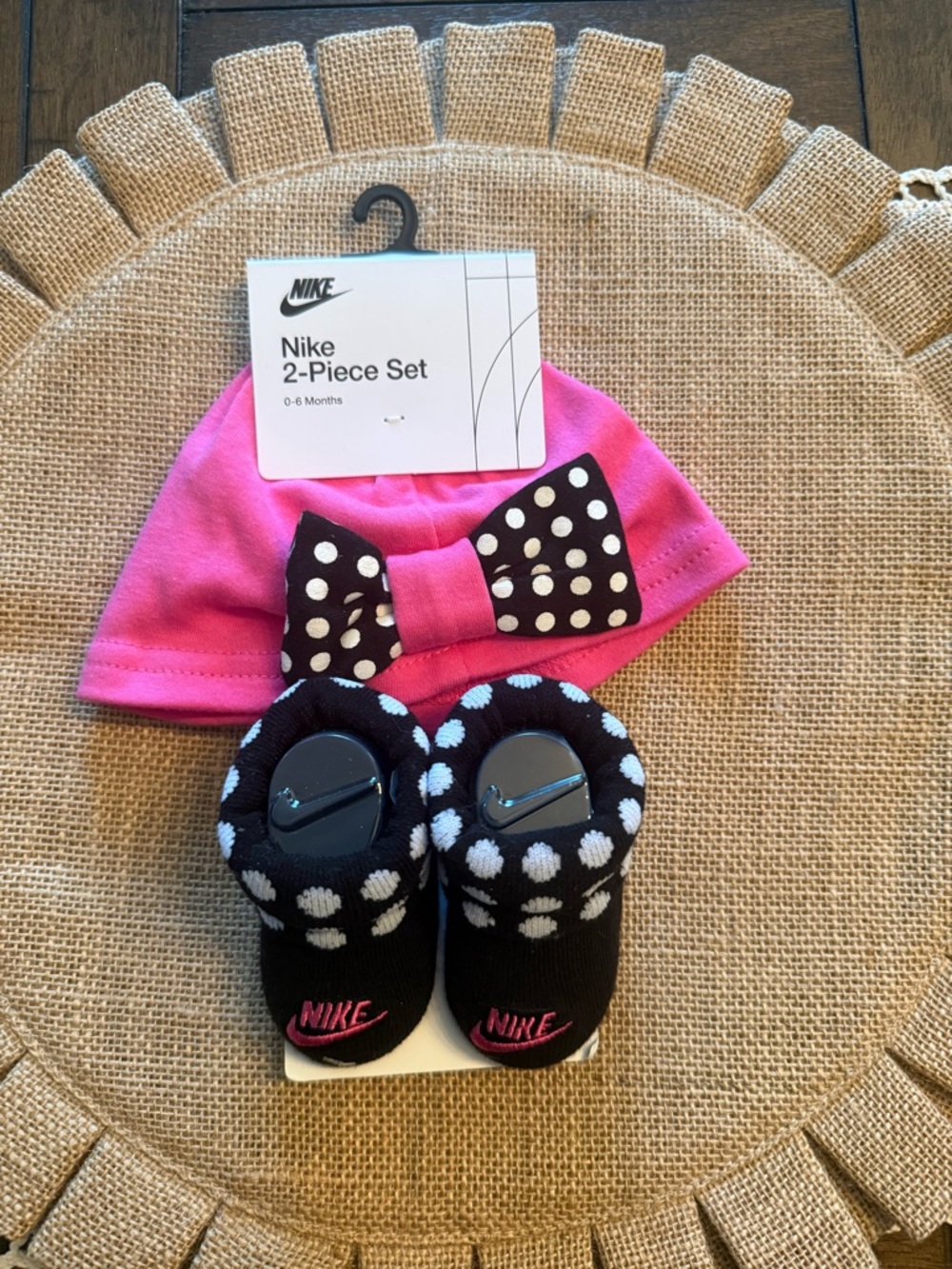 Nike Pink Baby Hat with Black Polka Dot Bow
